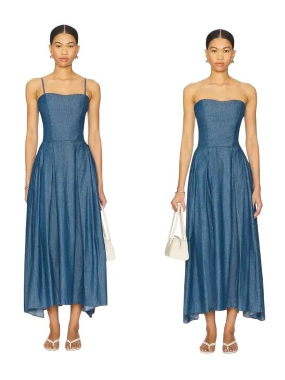 Azeeza Ezra Midi Dress Chambray Pleated Cotton Pockets Sz M NWT